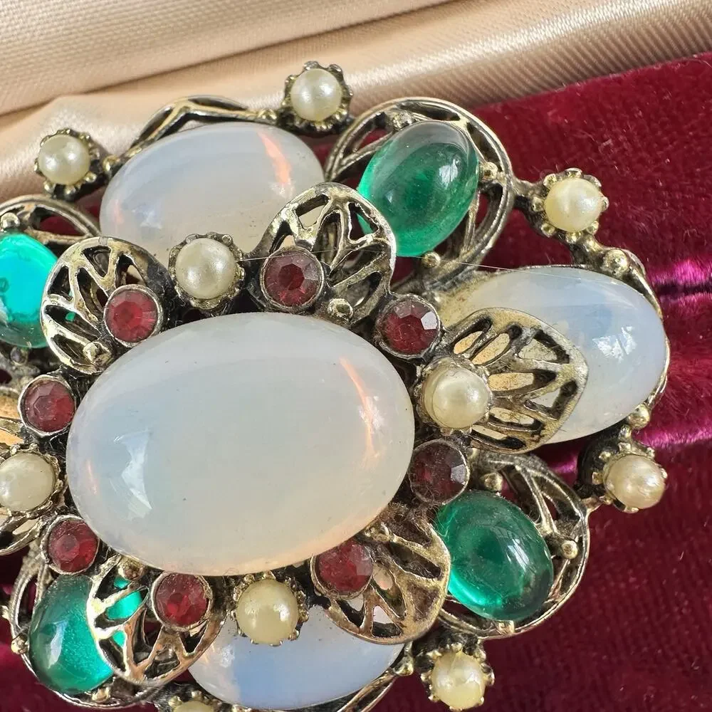 Vintage Emmons Brooch Opalite Cluster Cab Gold Tone Faux Pearl Rhinestone